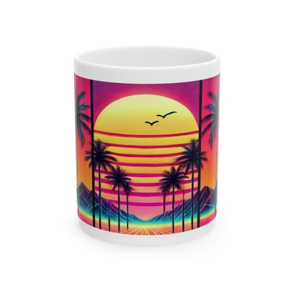 R Sun Palm Trees Coffee Mug - 0s Vaprowave Aesthetic Neon Mug - oz BPA-Free.