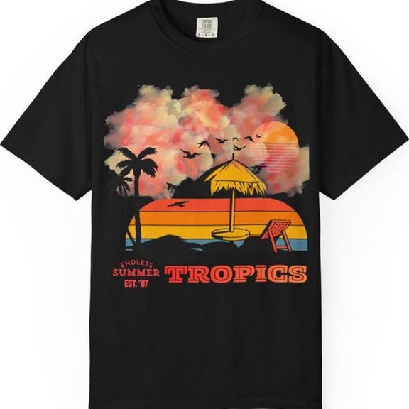 R SunS1et Beach Scene T-S1Hirt Palm Trees, Umbrella, Vintage Tropics T1EE