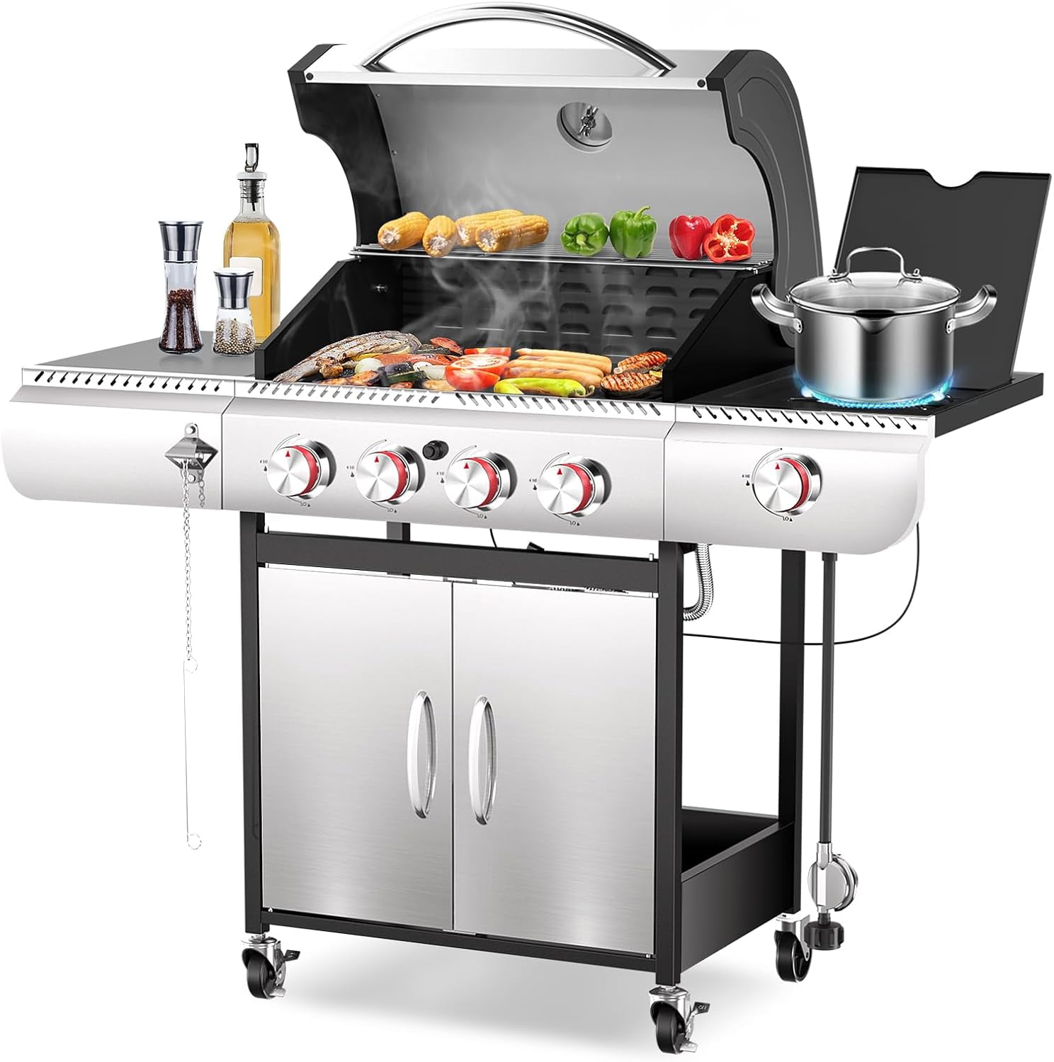 R.W.FLAME 4-Burner Propane Gas BBQ Grill with Side Burner & Cast iron grill net and baking pan, 42,000 BTU Stainless Steel Cabinet Style Propane Grill - Walmart.com