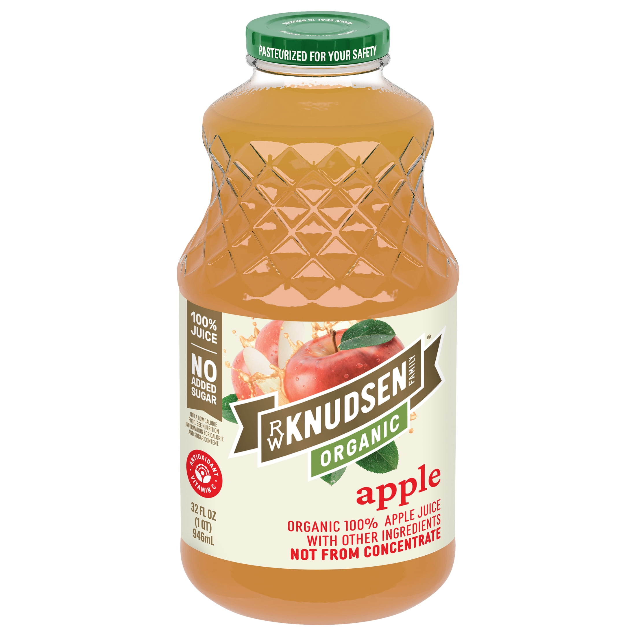 R.W. Knudsen Family Organic Apple Juice, 100% Juice, 32 oz, Glass Bottle, Shelf-Stable