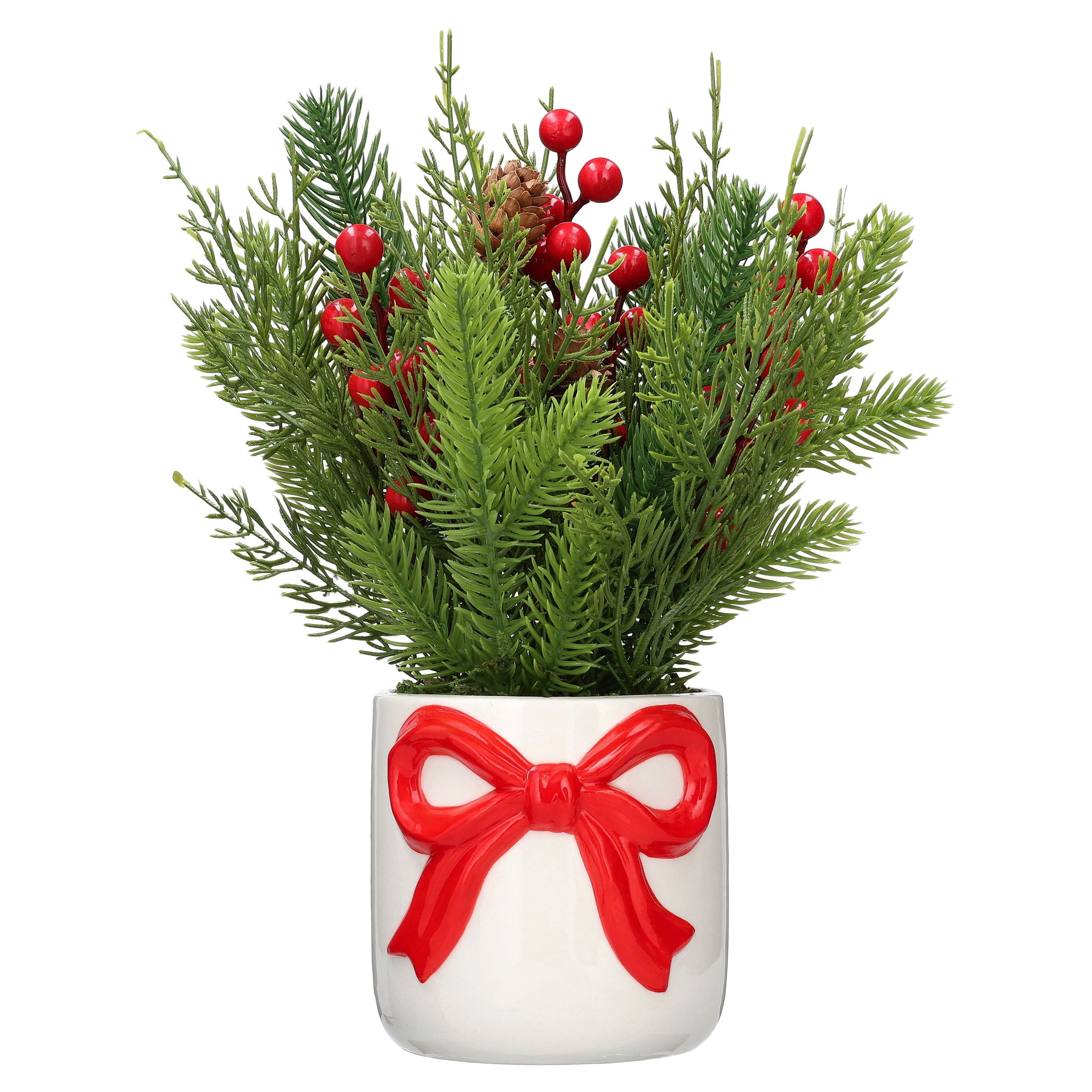 Greenery and Berries Christmas Arrangement in Ceramic Pot, Green/Red/White, 12", by Holiday Time