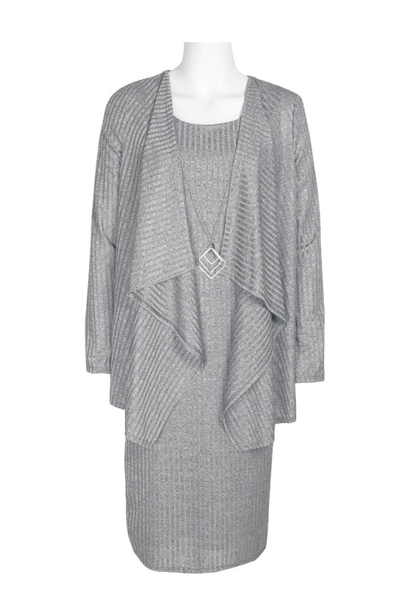 R&M Richards Boat Neck Metallic Clip Fly Away One-Piece Jacket Dress-GREY KHAKI