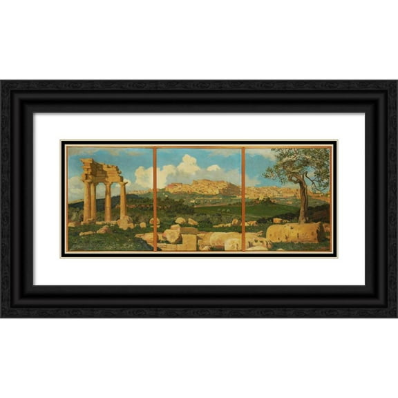 Régnault Sarasin 14x8 Black Ornate Wood Framed Double Matted Museum Art Print Titled: Agrigento Seen from the Temple of Castor and Pollux