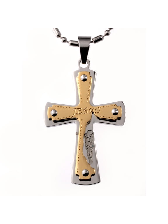 Stainless Steel Large Cross Pendant for Men, Two-tone Cross Necklace