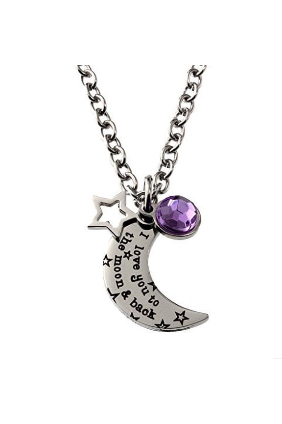 Stainless Steel Pendant, I Love You to the Moon and Back Necklace with Purple Acrylic Crystal