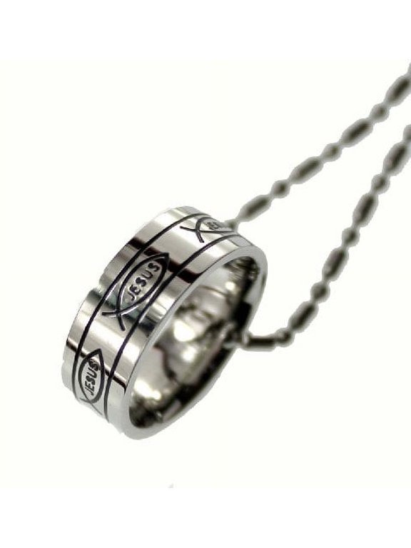 Stainless Steel Ring Pendant, Jesus Fish Christian Symbol Band Ring Size 9