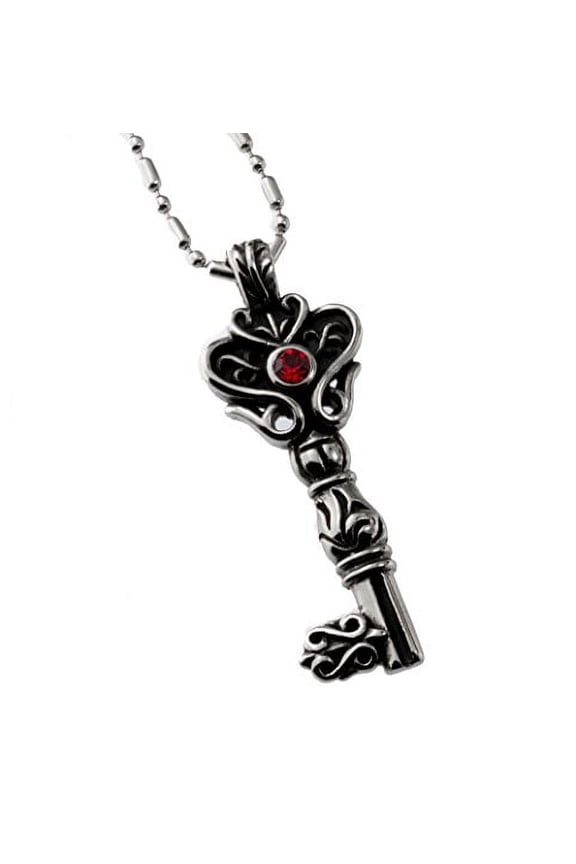 Stainless Steel Victorian Style Key with Red Acrylic Crystal Pendant Necklace