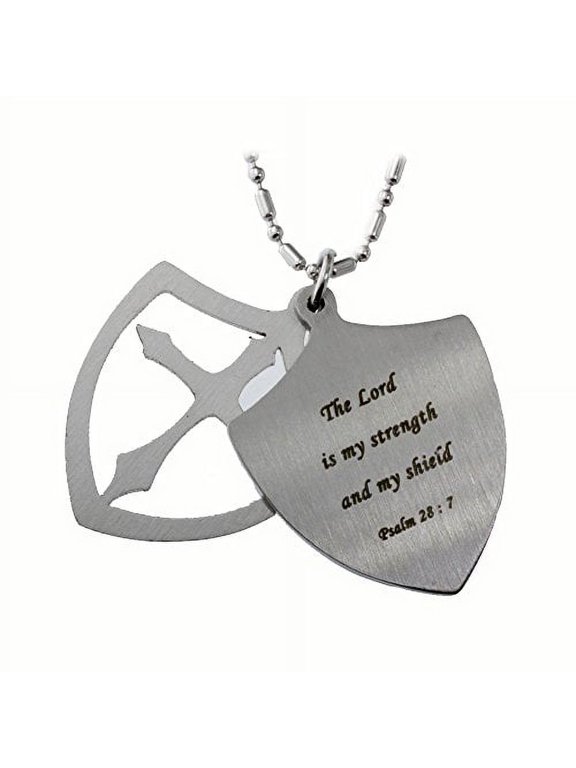 Stainless Steel the Lord Is My Strength Christian Shield Cross Pendant Necklace