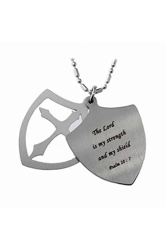 Stainless Steel the Lord Is My Strength Christian Shield Cross Pendant Necklace