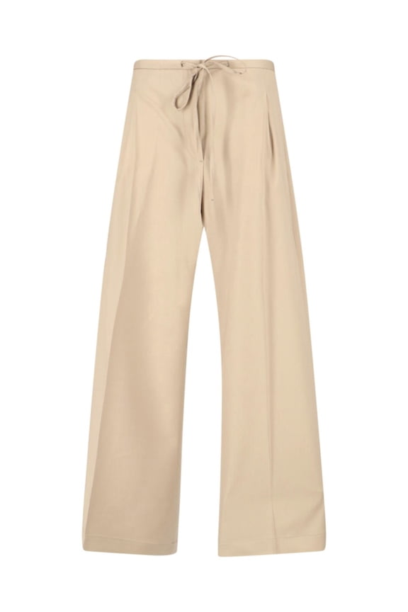 Beige Wide-Leg Virgin Wool Drawstring Trousers (Women's)