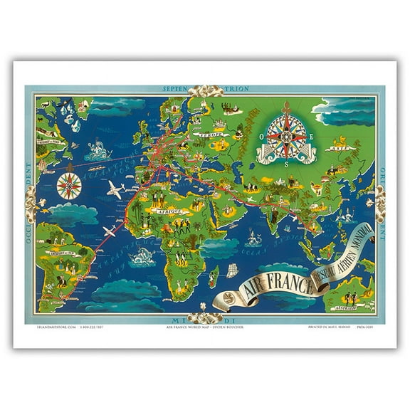 Réseau Aérien Mondial (Global Air Network) - Fly Routes World Map - France Planisphere - Vintage Airline Travel Poster by Lucien Boucher c.1950 - Master Art Print (Unframed) 9in x 12in