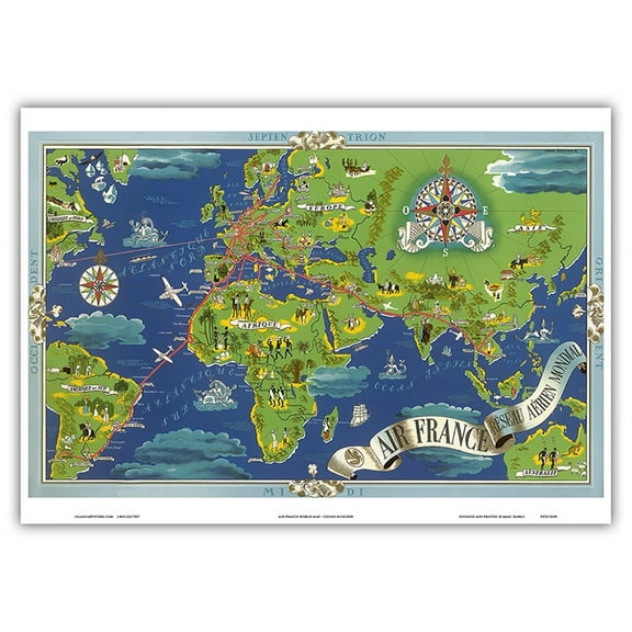 Réseau Aérien Mondial (Global Air Network) - Fly Routes World Map - France Planisphere - Vintage Airline Travel Poster by Lucien Boucher c.1950 - Master Art Print 10in x 14in