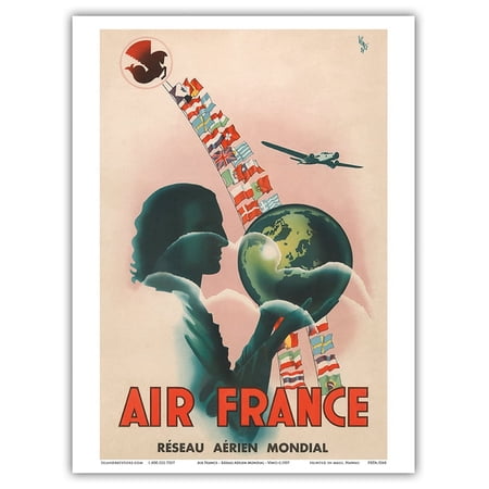 Réseau Aérien Mondial (World Air Network) - France - Vintage Airline Travel Poster by Vinci c.1937 - Master Art Print (Unframed) 9in x 12in
