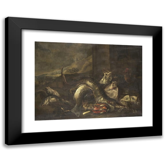 R. van Burgh 18x14 Black Modern Framed Museum Art Print Titled - Still Life with Fish (1668 - 1690)