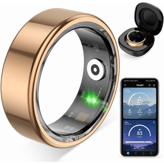 R02 mart Ring, a mart Ring for Women and Men, with a Charging cae, upport Heart Rate, Blood Oxygen, leep Health Monitoring, and port Tracking Ring. (Roe Gold, 8#)