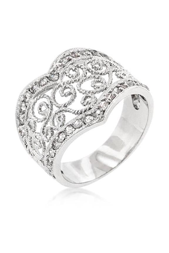R07546R-C01-05 Genuine Rhodium Plated Filigree Heart Ring with Prong Set Clear CZ in Silvertone - Size 5