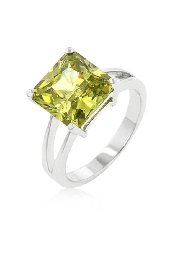 R07595R-S41-06 Princess Cut Peridot Crystal Solitaire Ring in Rhodium. - Size 6