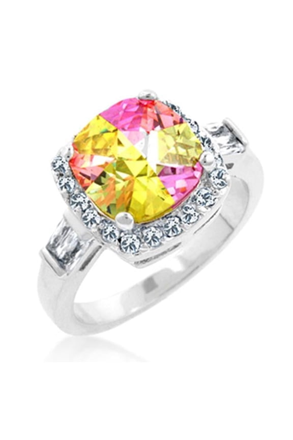 R08006R-V01-06 White Gold Rhodium Cocktail Ring with Bar Set Baguettes and Prong set Cushion Cut Multicolor 4 Ct CZ bordered Pave Clear CZ in Silvertone - Size 6