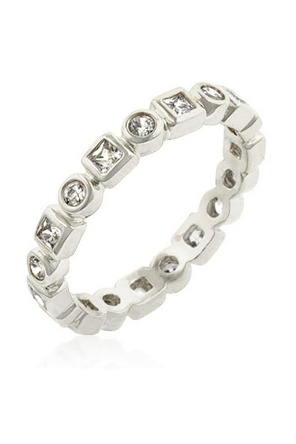 R08011R-C01-09 Genuine Rhodium Plated Bezel Set Round and Princess Cut Clear CZ Eternity Ring - Size 9