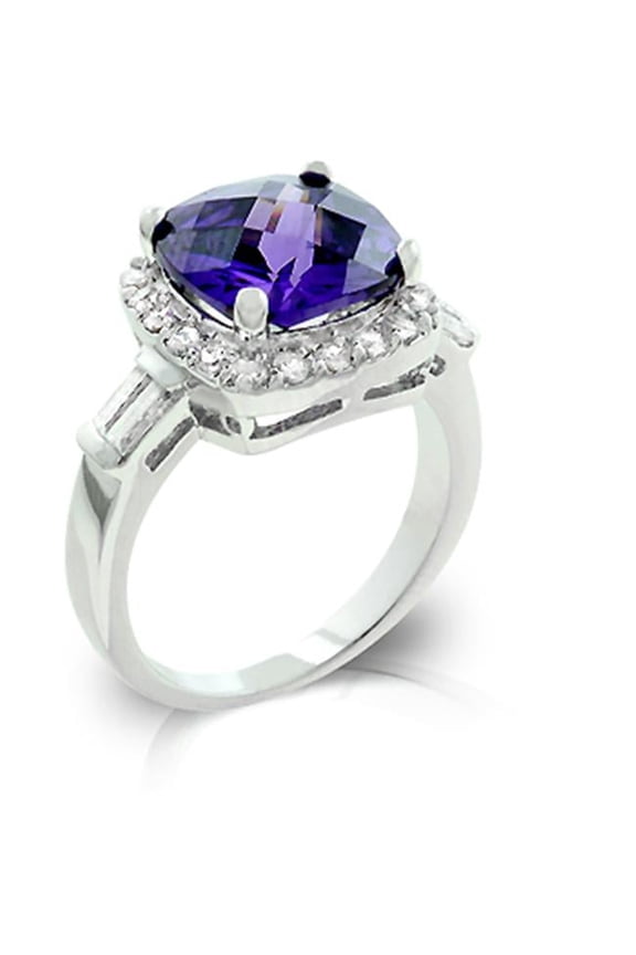 R08036R-C21-05 Genuine Rhodium Plated Amethyst Fashion Ring Accented with Clear CZ and Filigree Finish in Silvertone - Size 5