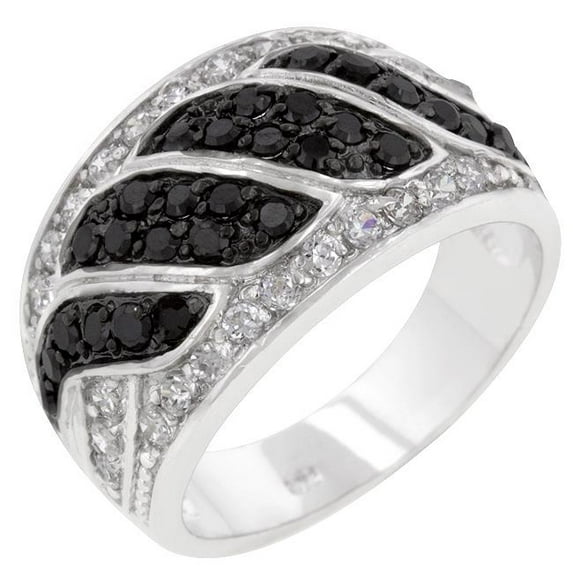 R08112T-C03-08 Genuine Rhodium Plated Cocktail Ring with Round Cut Clear CZ and Round Cut Black Onyx in a Pave Setting in Silvertone- Size 8