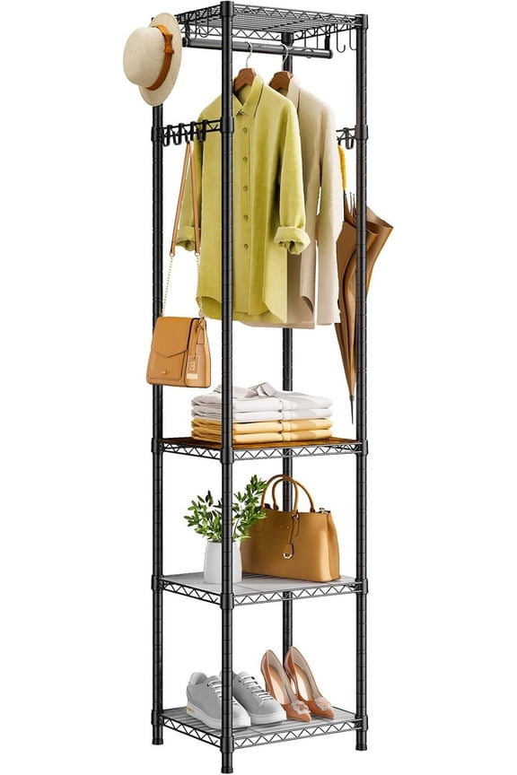 R1 Clothes Rack Heavy Duty, Clothing Racks for Hanging Clothes, Garment Rack with Storage Shelves, Small Coat Rack Freestanding for Entryway, Hallway, Bedroom, Max Load 448 Lbs, Black