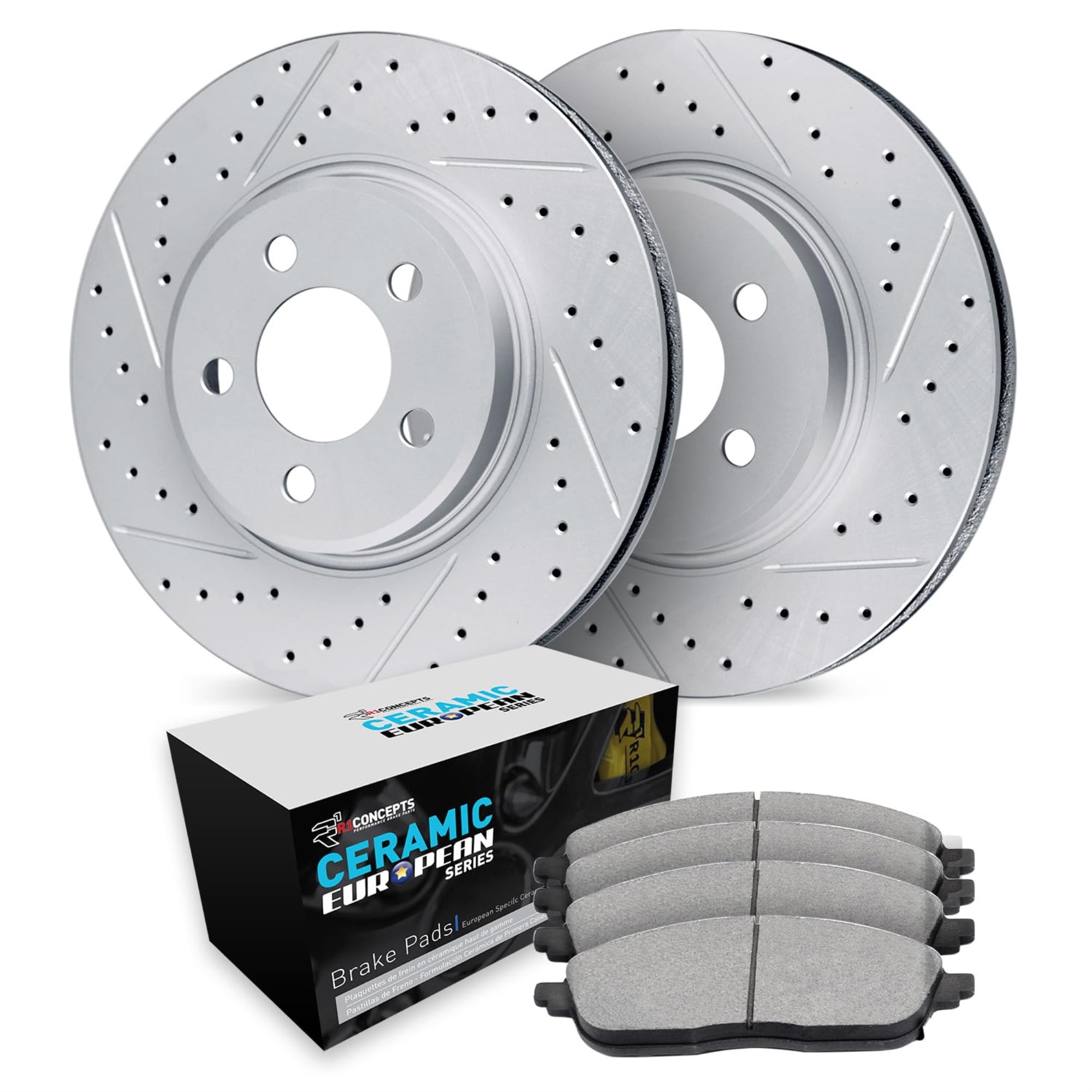 R1 Concepts Drilled and Slotted Carbon Coated Disc Brake Rotor Set with Euro Ceramic Pads WBTN1-39002