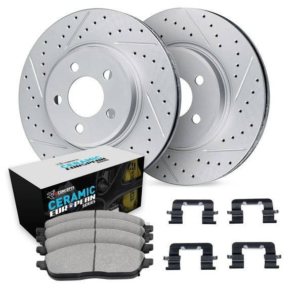 R1 Concepts Drilled and Slotted Carbon Coated Disc Brake Rotor Set with Euro Ceramic Pads and Hardware WBTH1-11077