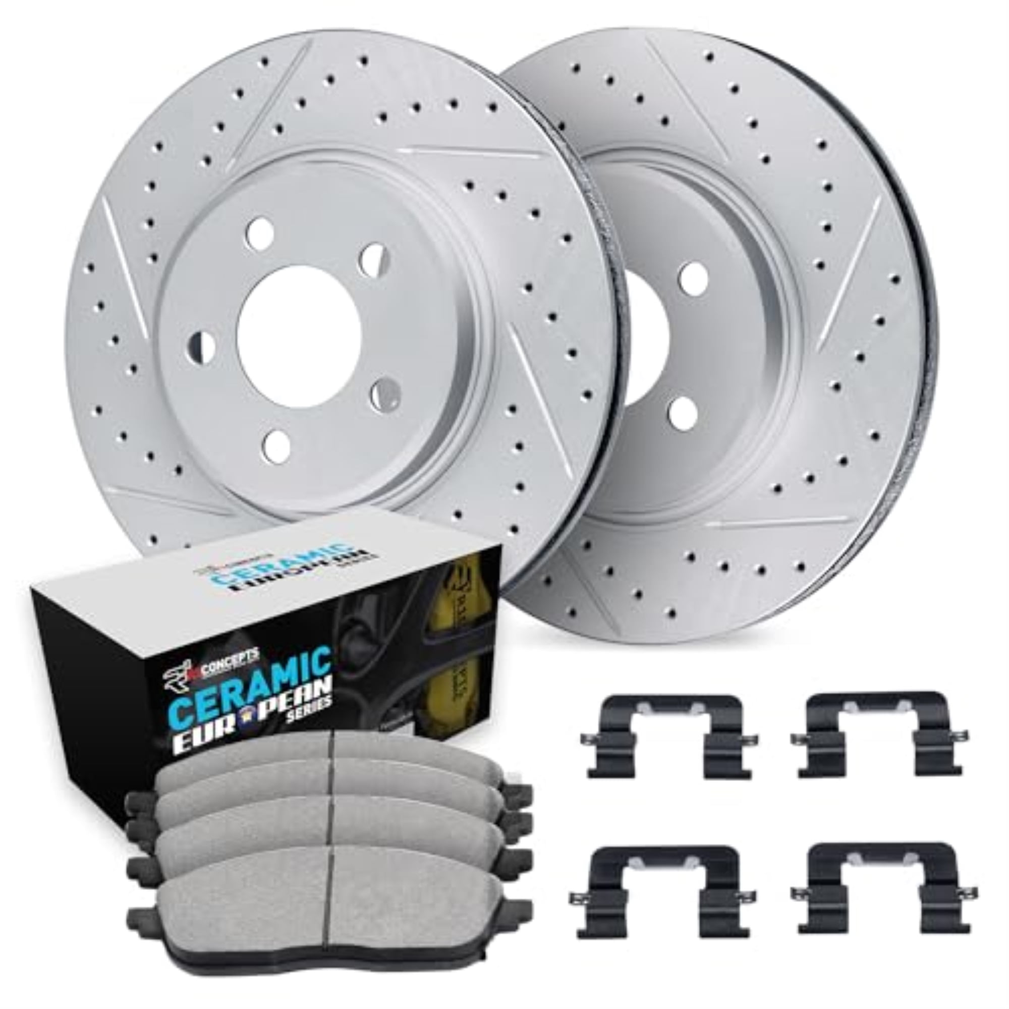 R1 Concepts Drilled and Slotted Carbon Coated Disc Brake Rotor Set with Euro Ceramic Pads and Hardware WBTH1-11086