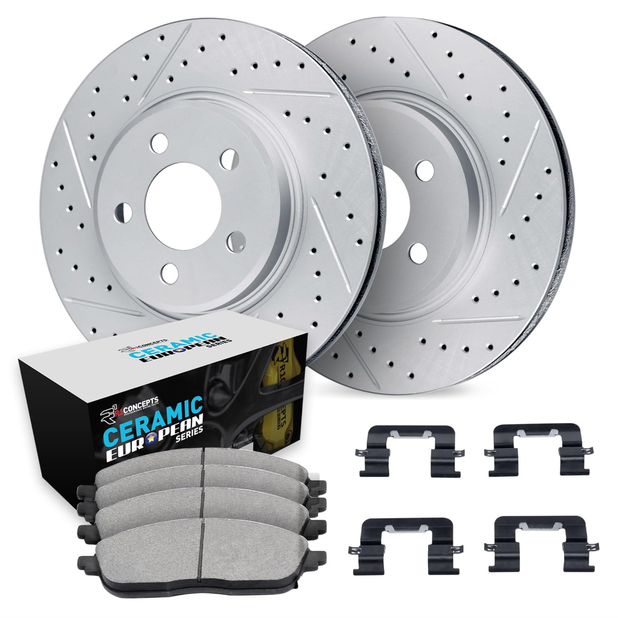 R1 Concepts Drilled and Slotted Carbon Coated Disc Brake Rotor Set with Euro Ceramic Pads and Hardware WBTH1-20044