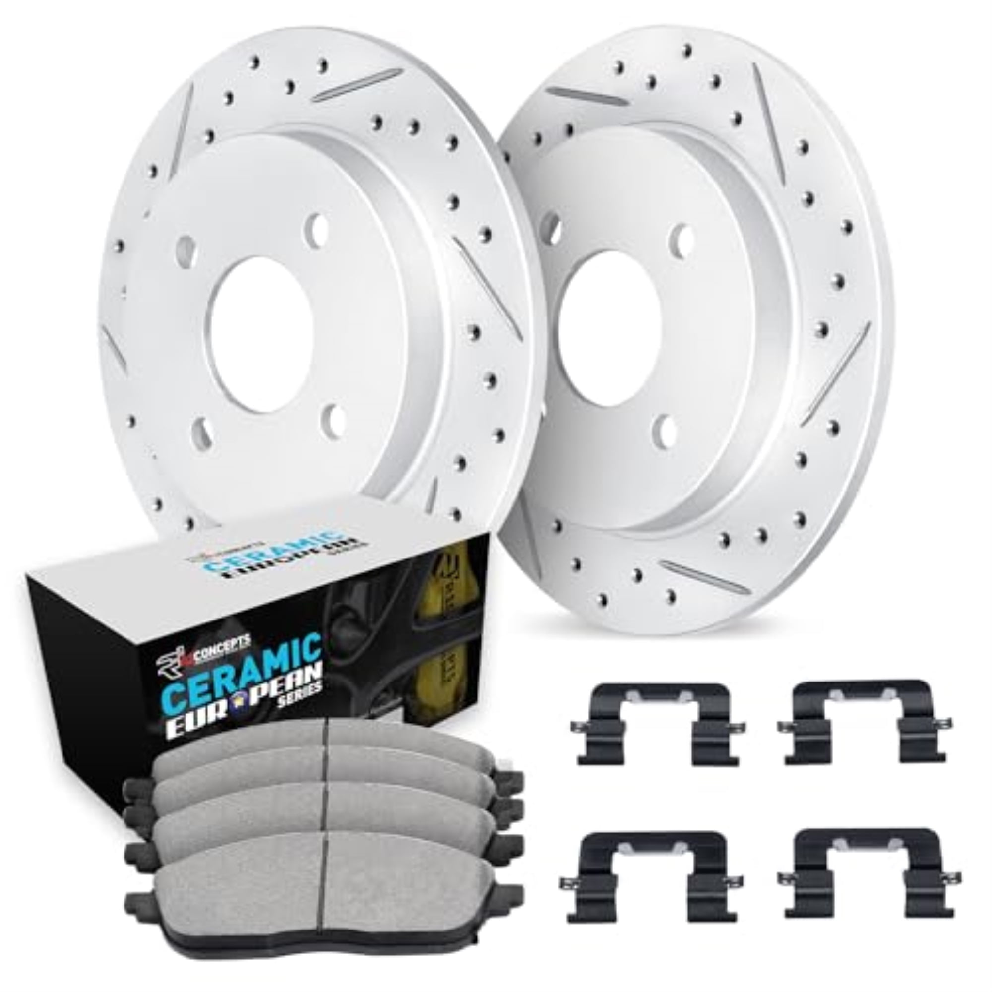R1 Concepts Drilled and Slotted Carbon Coated Disc Brake Rotor Set with Euro Ceramic Pads and Hardware WBTH1-32007
