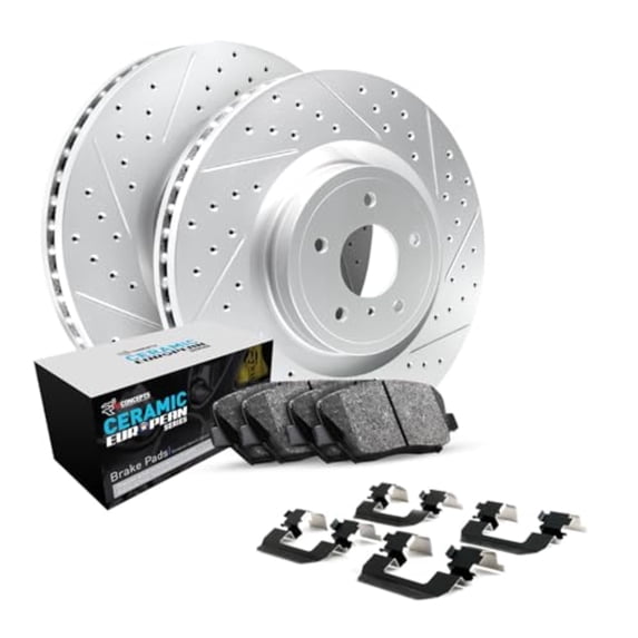 R1 Concepts Drilled and Slotted Carbon Coated Disc Brake Rotor Set with Euro Ceramic Pads and Hardware WBTH1-63157