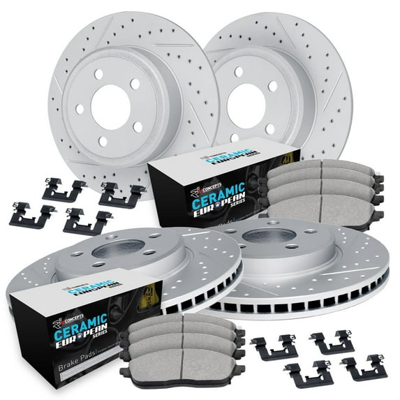 R1 Concepts Drilled and Slotted Carbon Coated Disc Brake Rotor Set with Euro Ceramic Pads and Hardware WBTH2-74003
