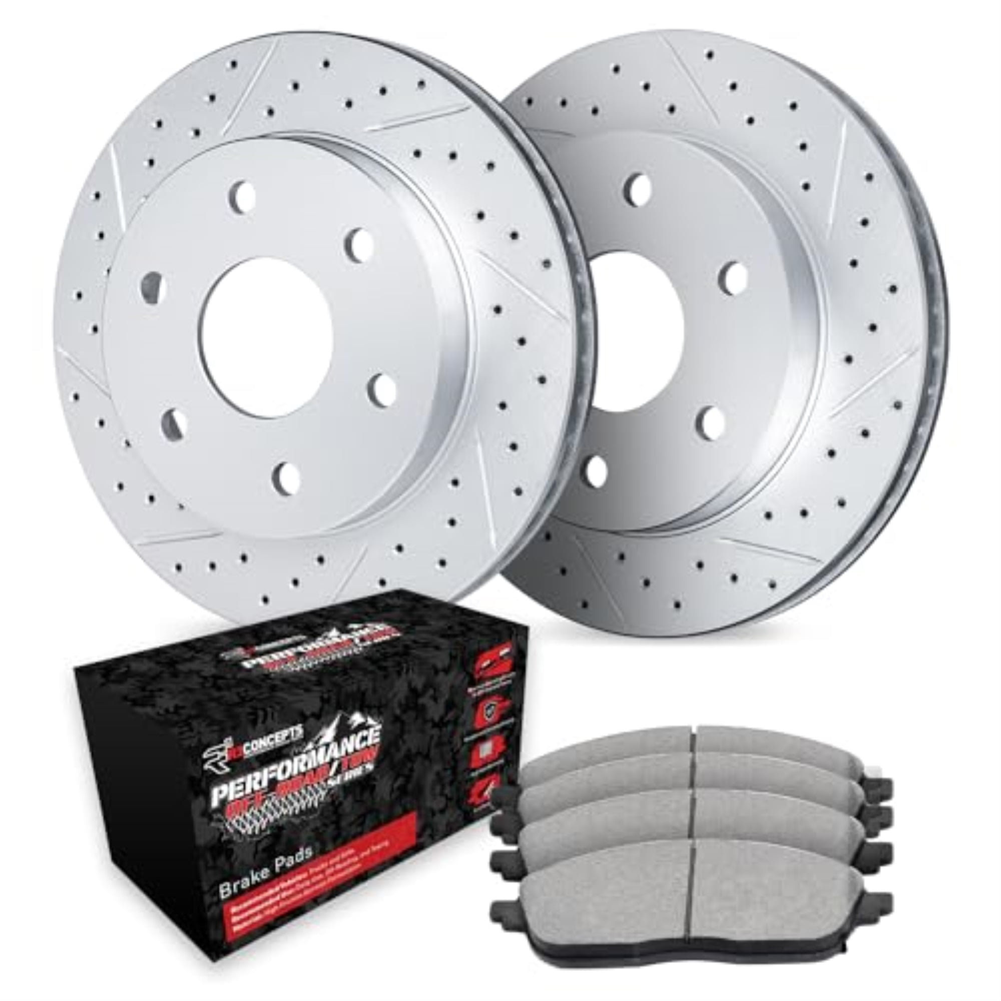 R1 Concepts Drilled and Slotted Carbon Coated Disc Brake Rotor Set with Off-Road/Tow Brake Pads WBVN1-47008