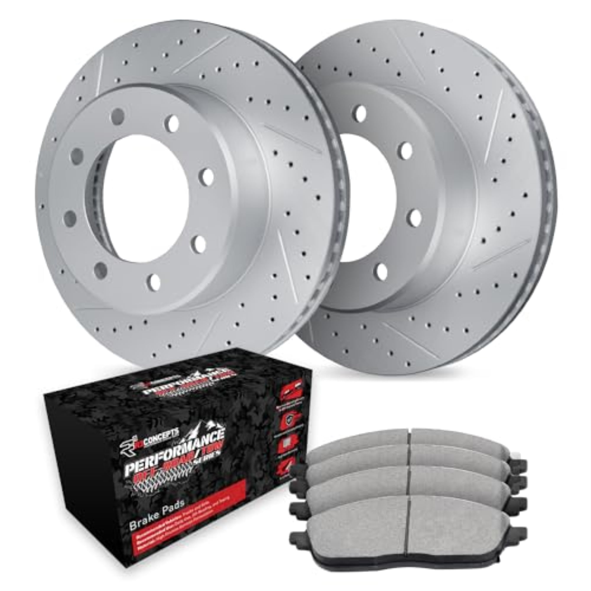 R1 Concepts Drilled and Slotted Carbon Coated Disc Brake Rotor Set with Off-Road/Tow Brake Pads WBVN1-54061
