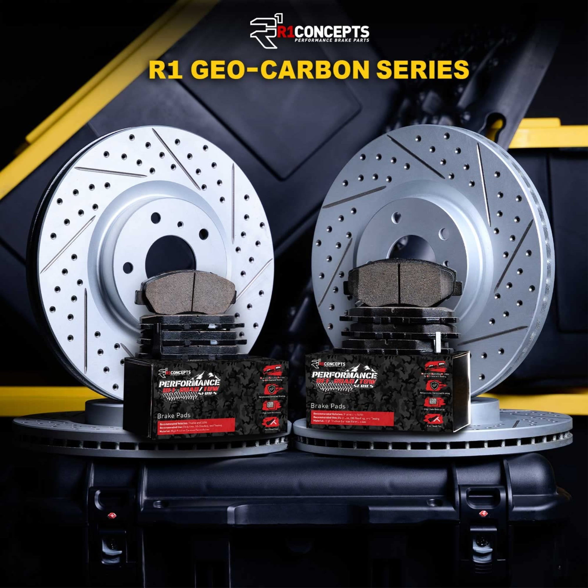 R1 Concepts Drilled and Slotted Carbon Coated Disc Brake Rotor Set with Off-Road/Tow Brake Pads WBVN2-48007