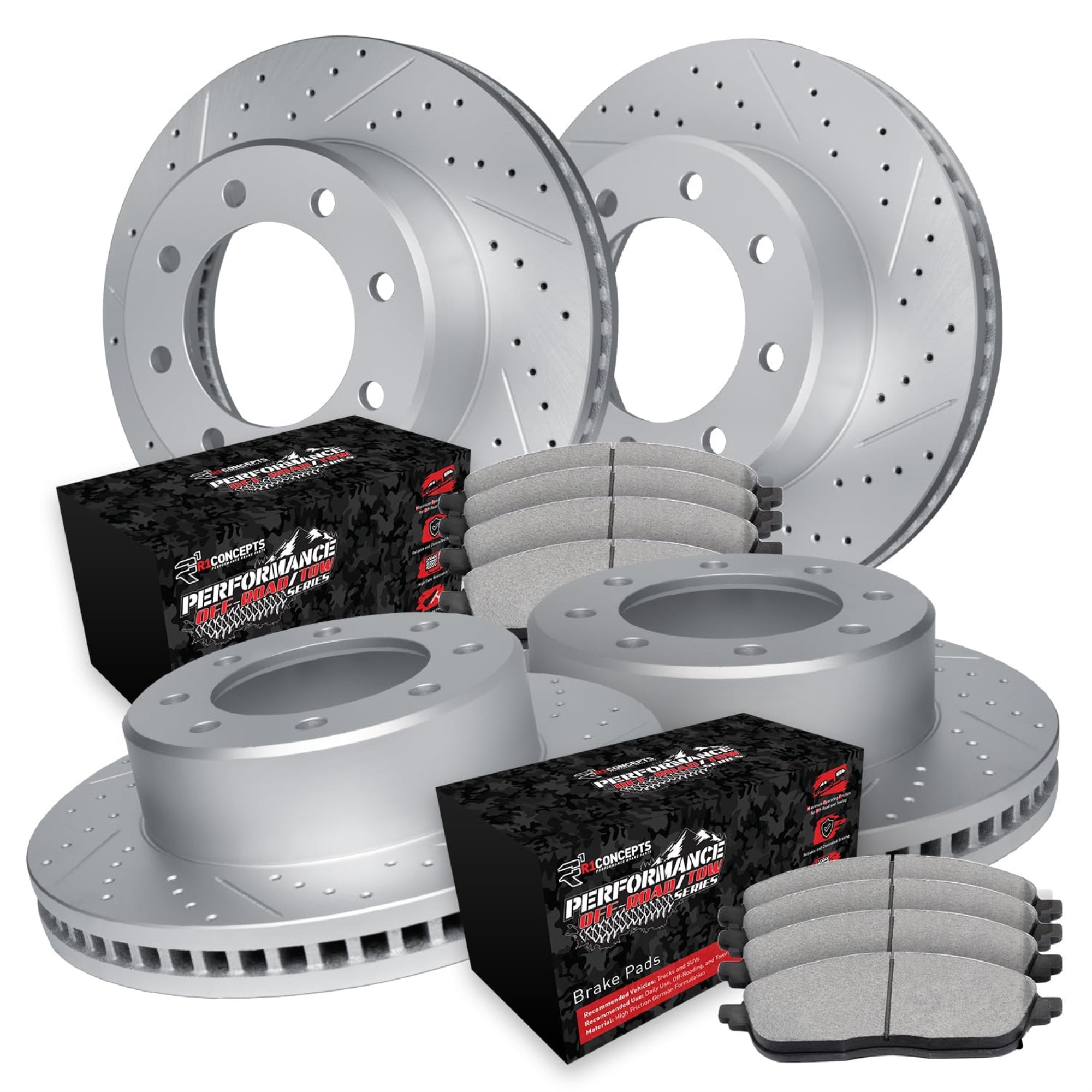R1 Concepts Drilled and Slotted Carbon Coated Disc Brake Rotor Set with Off-Road/Tow Brake Pads WBVN2-54031