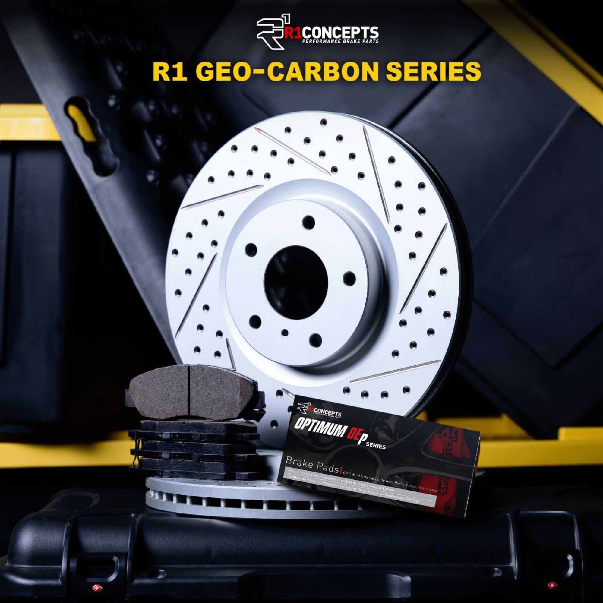 R1 Concepts Drilled and Slotted Carbon Coated Disc Brake Rotor Set with Optimum Oe Pads WBUN1-63046