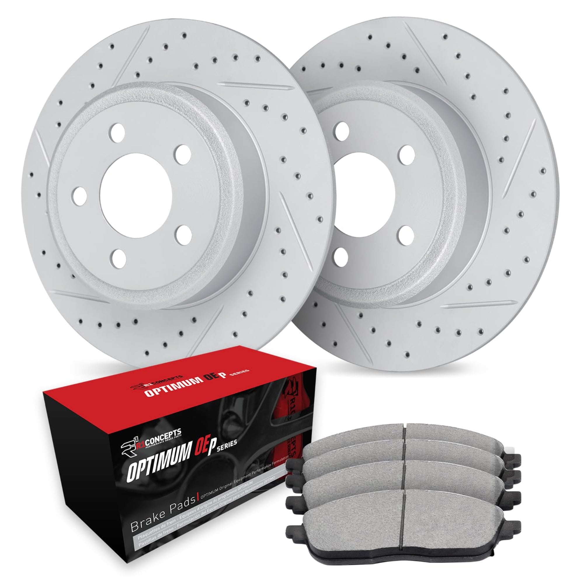 R1 Concepts Drilled and Slotted Carbon Coated Disc Brake Rotor Set with Optimum Oe Pads WBUN1-72084