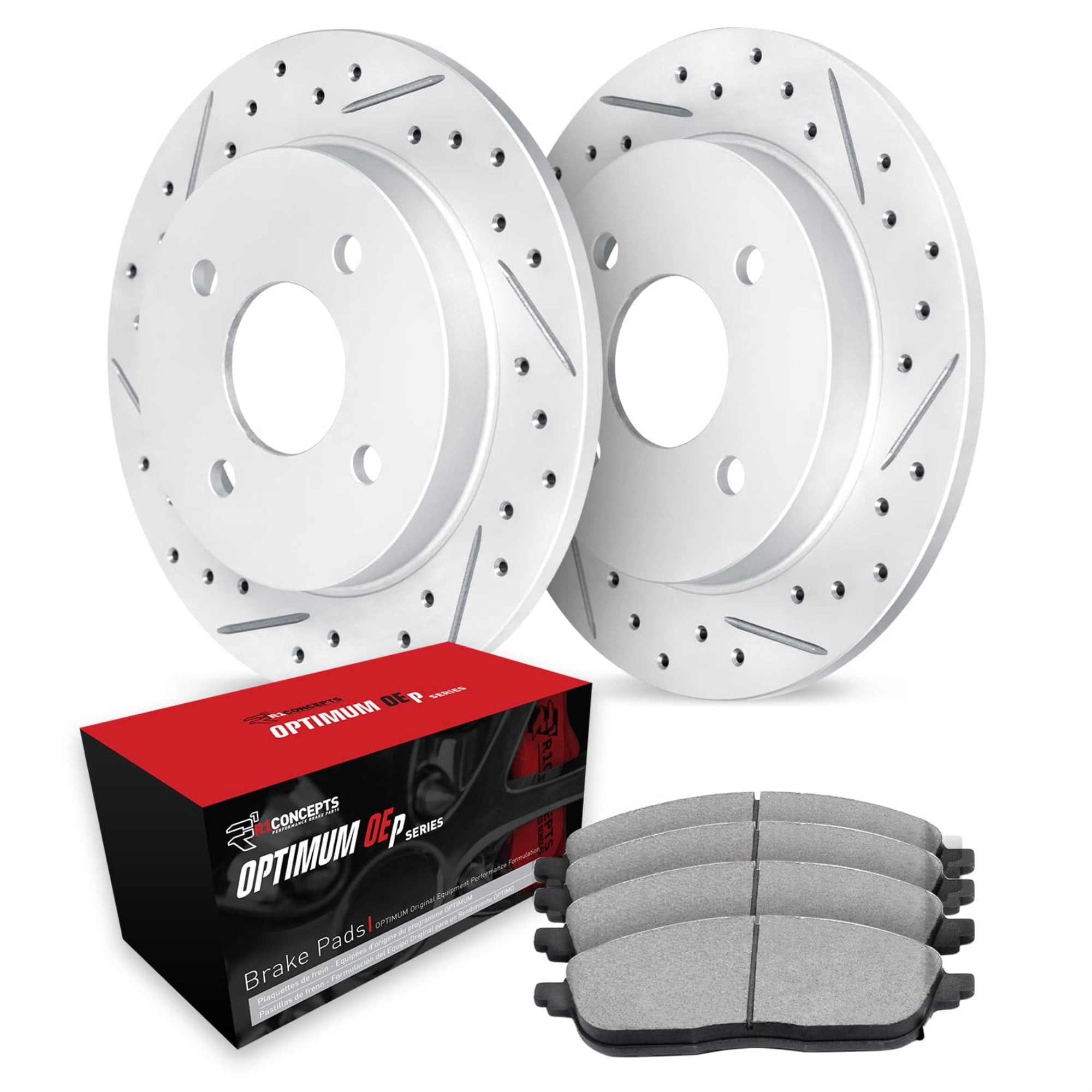 R1 Concepts Drilled and Slotted Carbon Coated Disc Brake Rotor Set with Optimum Oe Pads WBUN1-84001