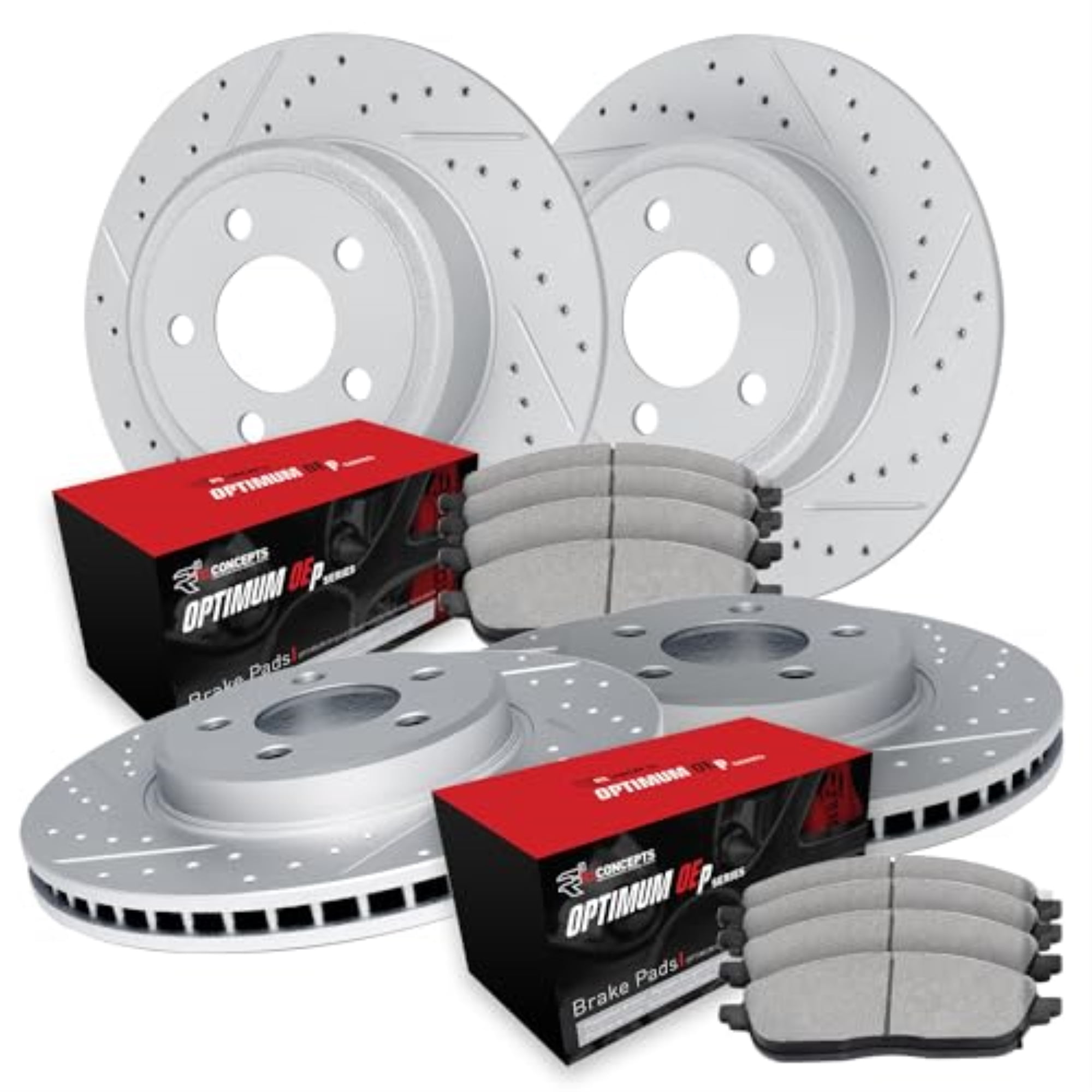 R1 Concepts Drilled and Slotted Carbon Coated Disc Brake Rotor Set with Optimum Oe Pads WBUN2-13011