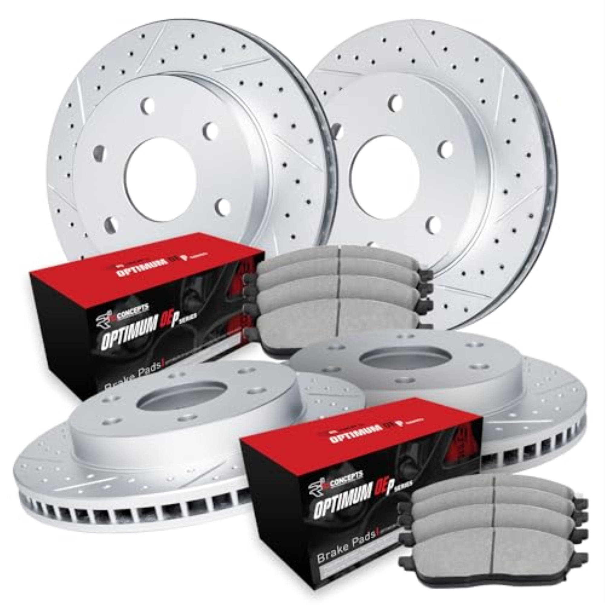 R1 Concepts Drilled and Slotted Carbon Coated Disc Brake Rotor Set with Optimum Oe Pads WBUN2-67074