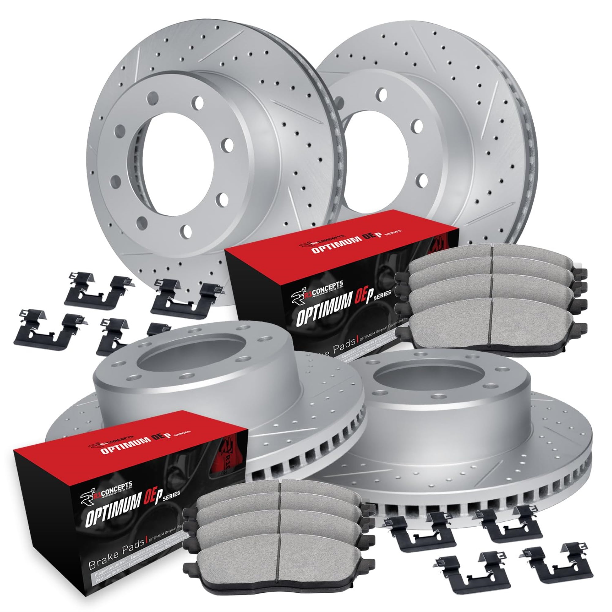 R1 Concepts Drilled and Slotted Carbon Coated Disc Brake Rotor Set with Optimum Oe Pads and Hardware WBUH2-48040