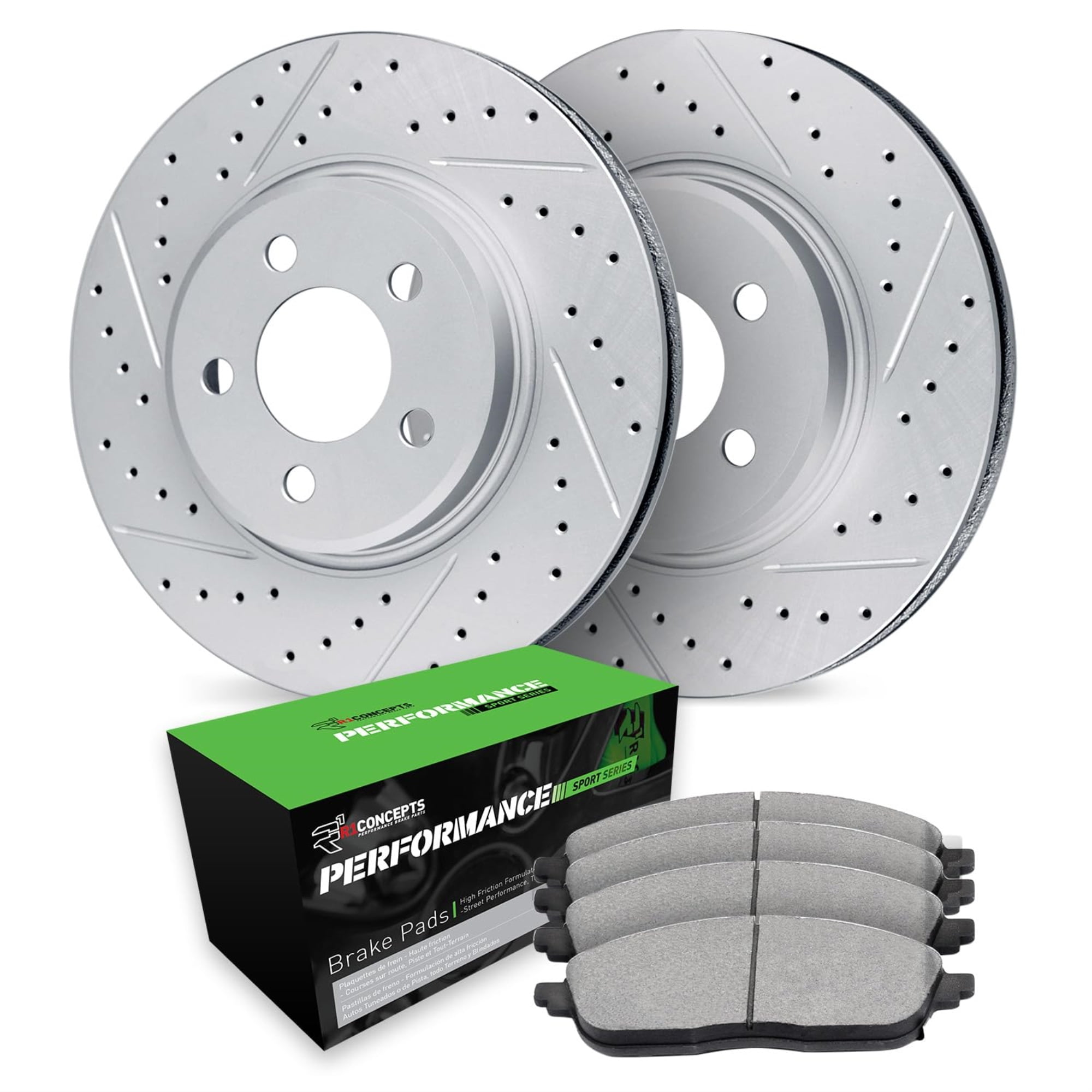 R1 Concepts Drilled and Slotted Carbon Coated Disc Brake Rotor Set with Performance Sport Pads WBSN1-67052