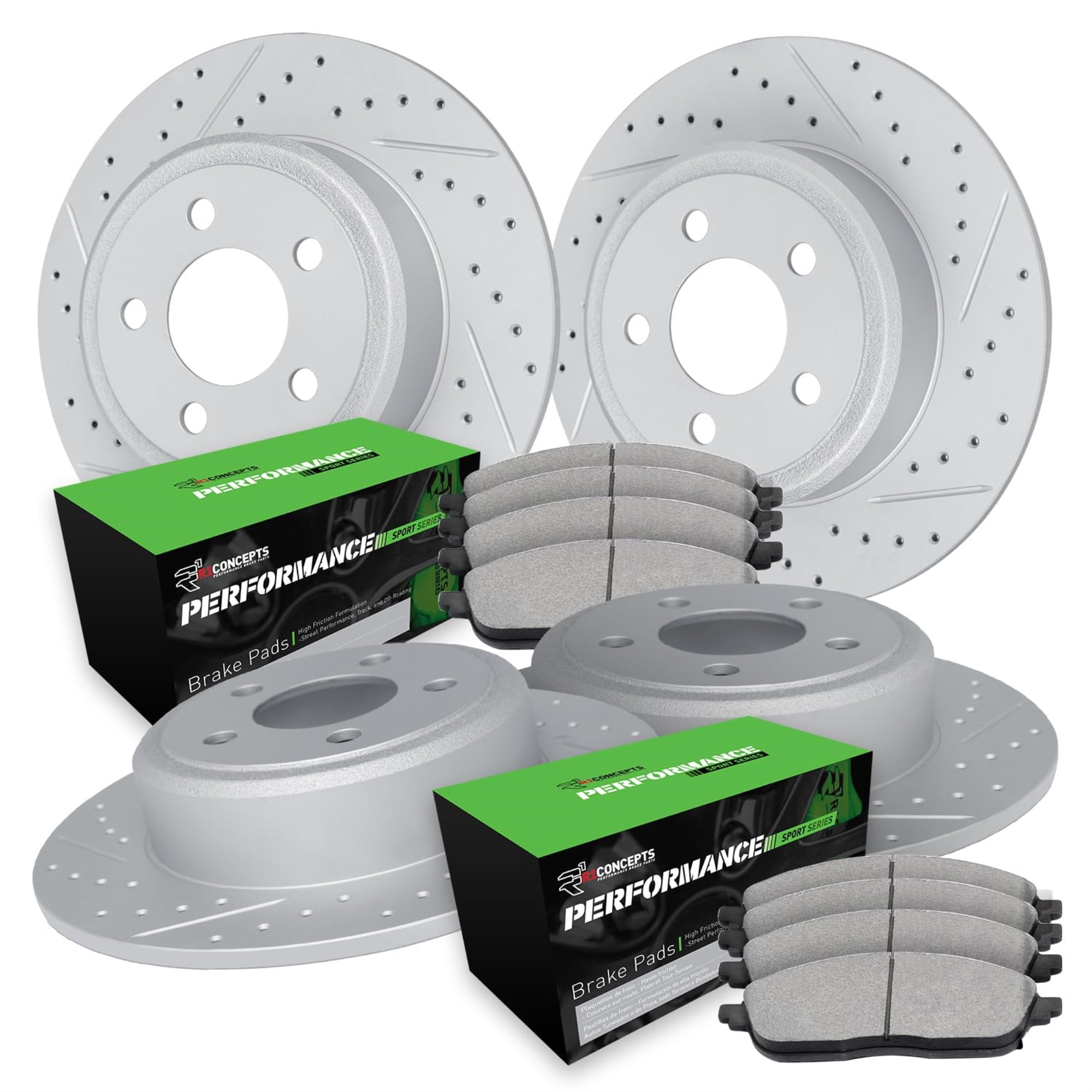R1 Concepts Drilled and Slotted Carbon Coated Disc Brake Rotor Set with Performance Sport Pads WBSN2-45003