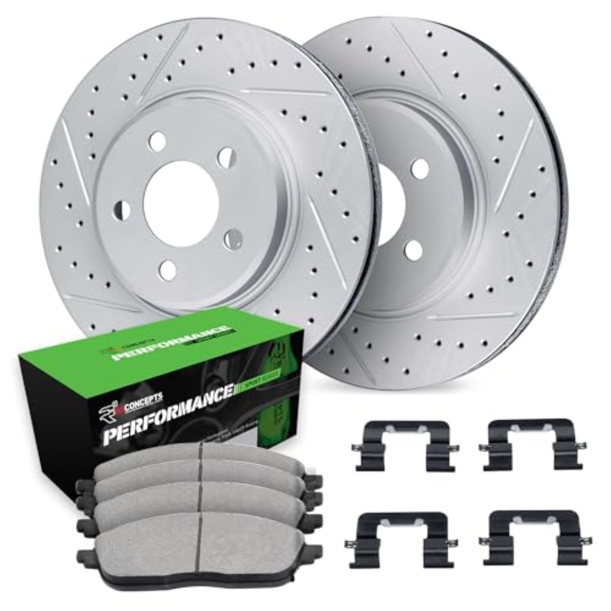 R1 Concepts Drilled and Slotted Carbon Coated Disc Brake Rotor Set with Performance Sport Pads and Hardware WBSH1-31110