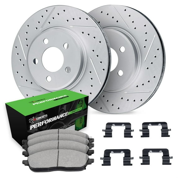 R1 Concepts Drilled and Slotted Carbon Coated Disc Brake Rotor Set with Performance Sport Pads and Hardware WBSH1-42002