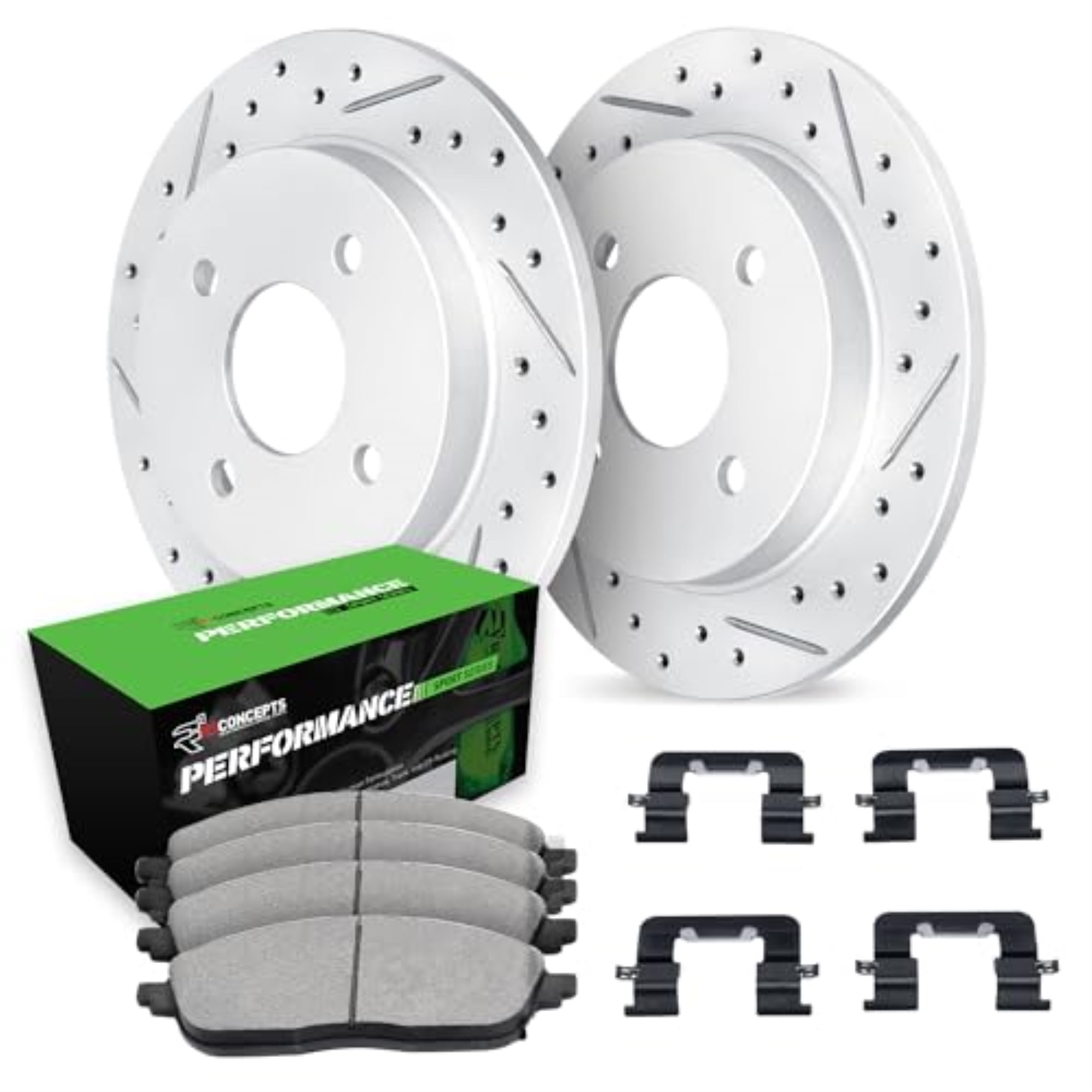 R1 Concepts Drilled and Slotted Carbon Coated Disc Brake Rotor Set with Performance Sport Pads and Hardware WBSH1-59032
