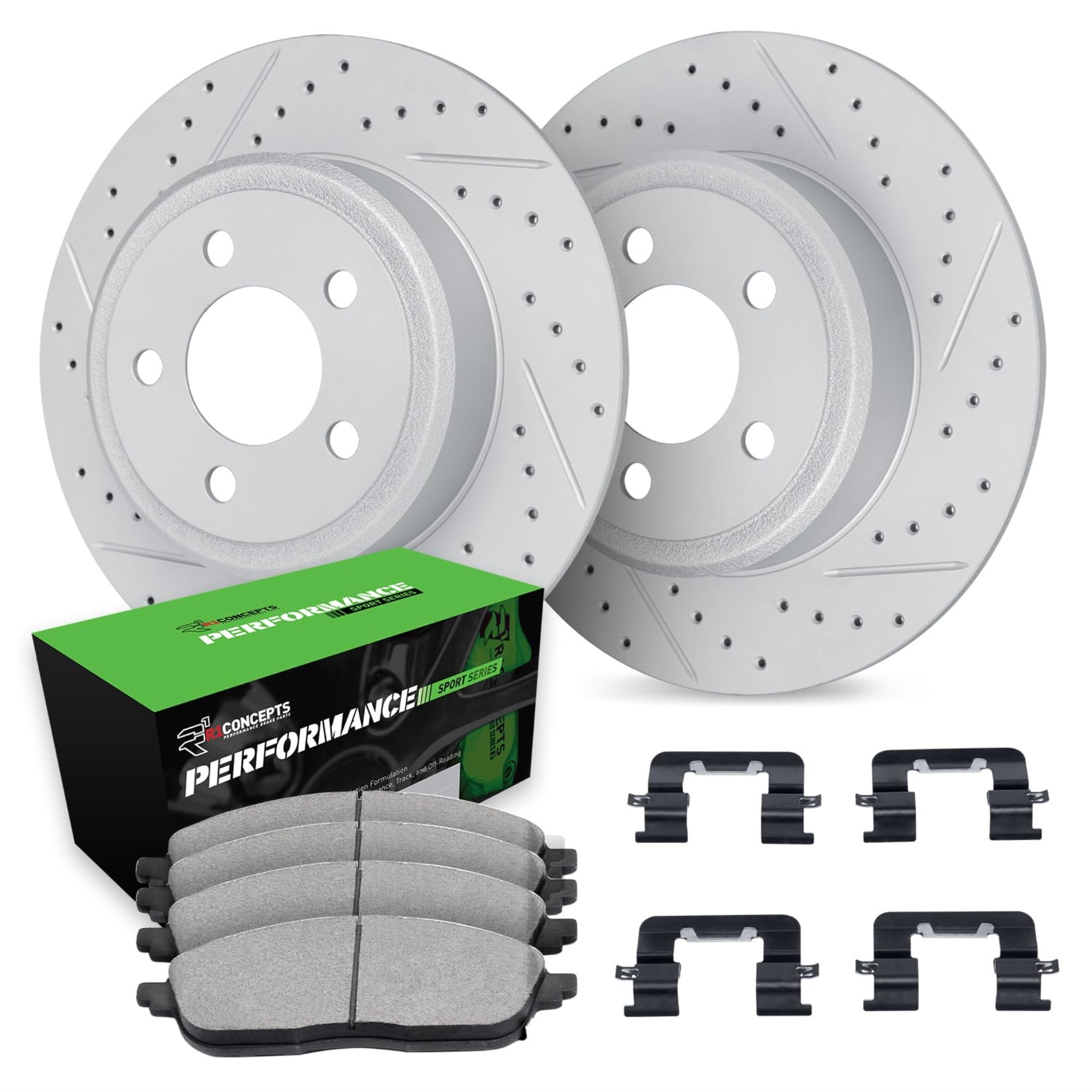 R1 Concepts Drilled and Slotted Carbon Coated Disc Brake Rotor Set with Performance Sport Pads and Hardware WBSH1-59115