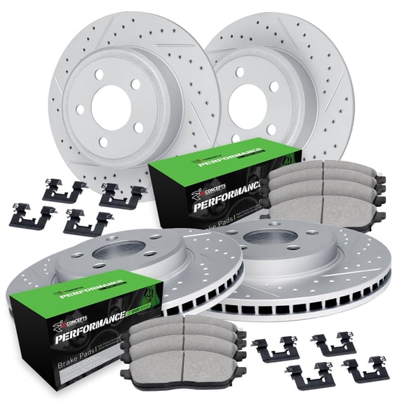 R1 Concepts Drilled and Slotted Carbon Coated Disc Brake Rotor Set with Performance Sport Pads and Hardware WBSH2-54006